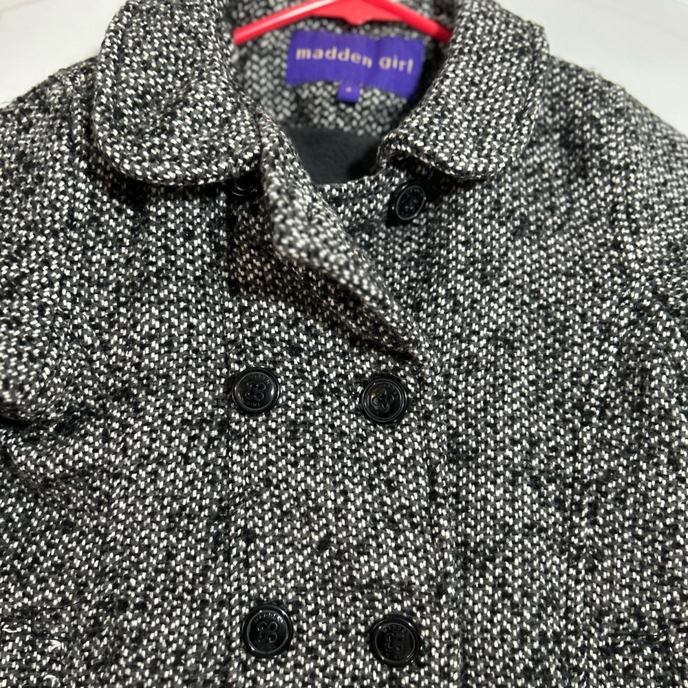 Madden Girl Black and Gray Pea Coat with Textured Tweed Fabric